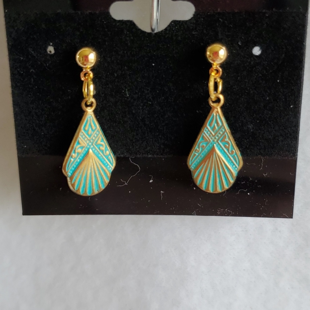 Womens gold & turquoise fan shaped post earrings